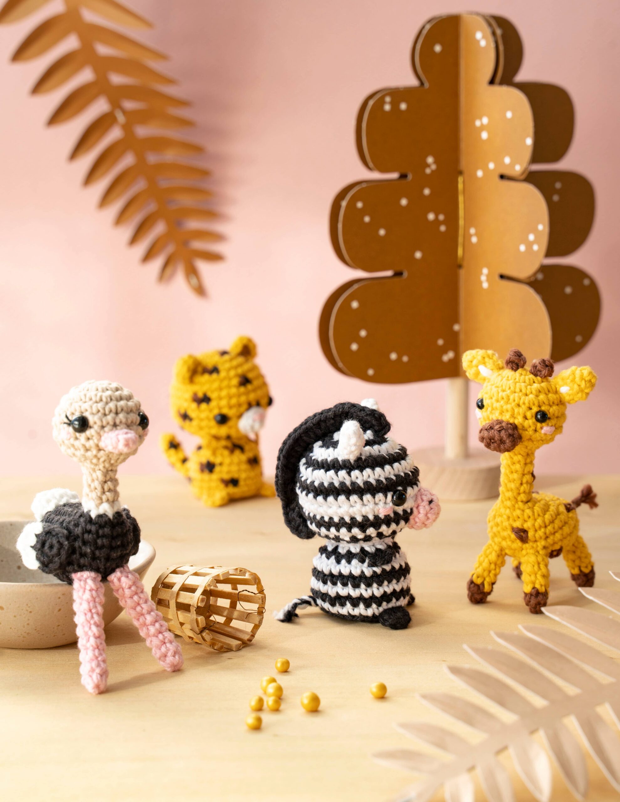 Mini autruche, zèbre, girafe et léopard au crochet