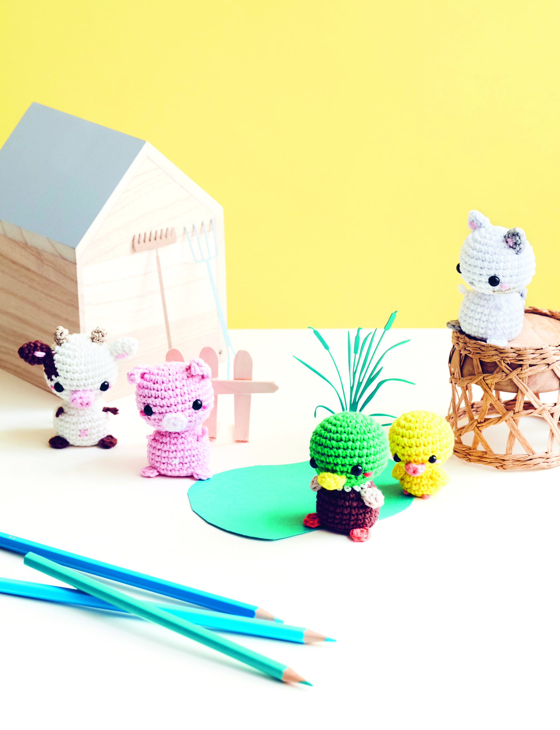 Mini canard, vache, cochon et chat au crochet